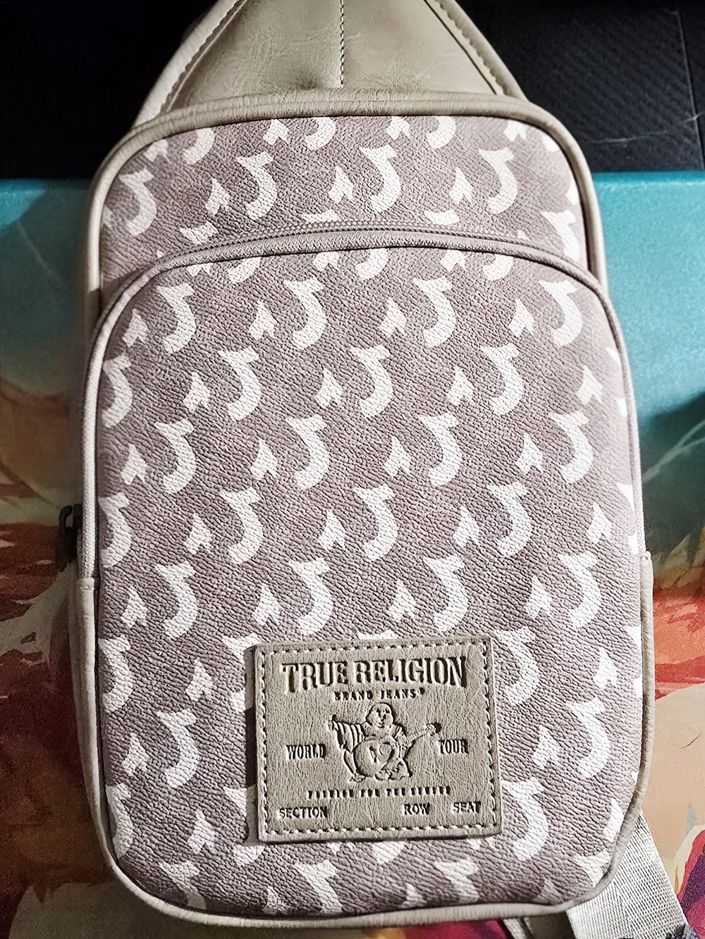 True Religion Beige Patterned Crossbody Sling Bag